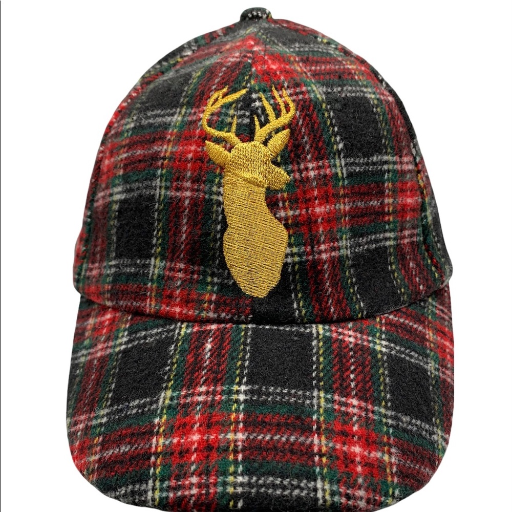 Plaid hat cap adjustable with embroidered deer/buck